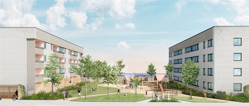 Om projektet - En lekpark centrerad mellan två gråa fyravåningshus. Lekande barn, blå himmel och grönska.