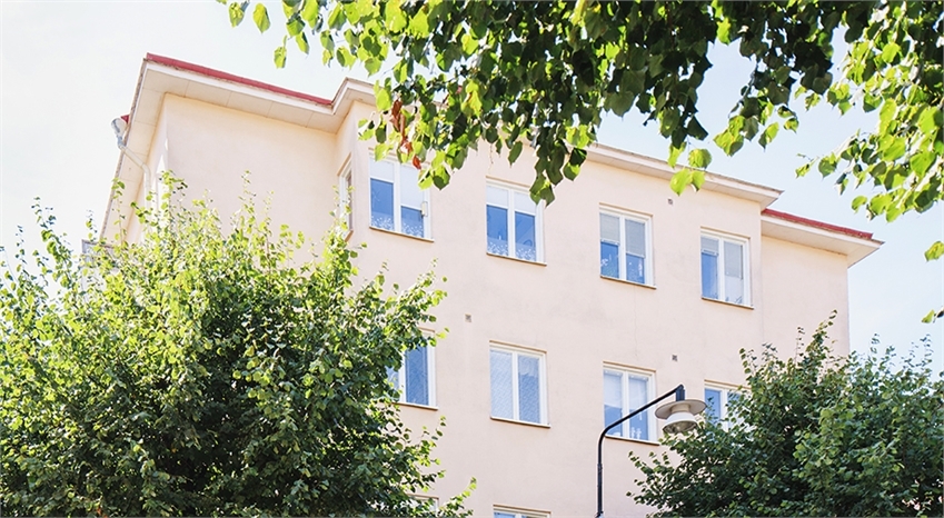Om projektet - Toppen av ett ljust 40-tals hus omgivet av grönska.
