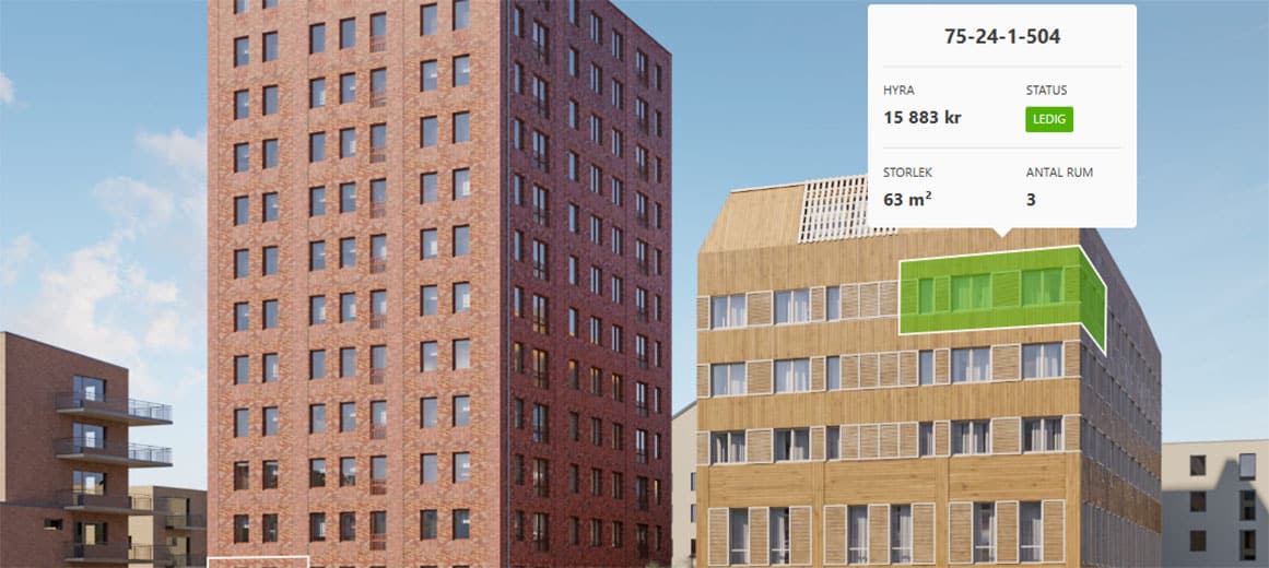 Två nybyggda fastigheter, som visar en grönmarkering på fasaden där det finns en ledig lägenhet.