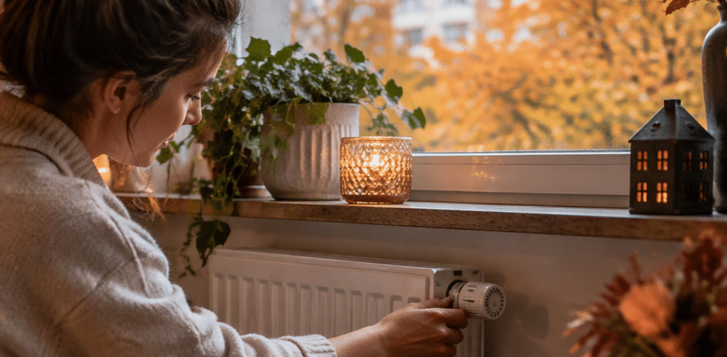AI-genererad bild som visar en person som justerar termostaten på ett element i en lägenhet. I bakgrunden syns ett fönster med höstfärgade träd utanför och en varm, ombonad inomhusmiljö med mjuk belysning.